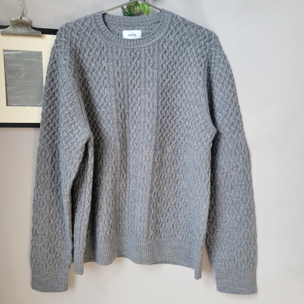 Wills Wool Crew Neck Chunky Cable Knit Pullover Sweater Marled Steel Gray L